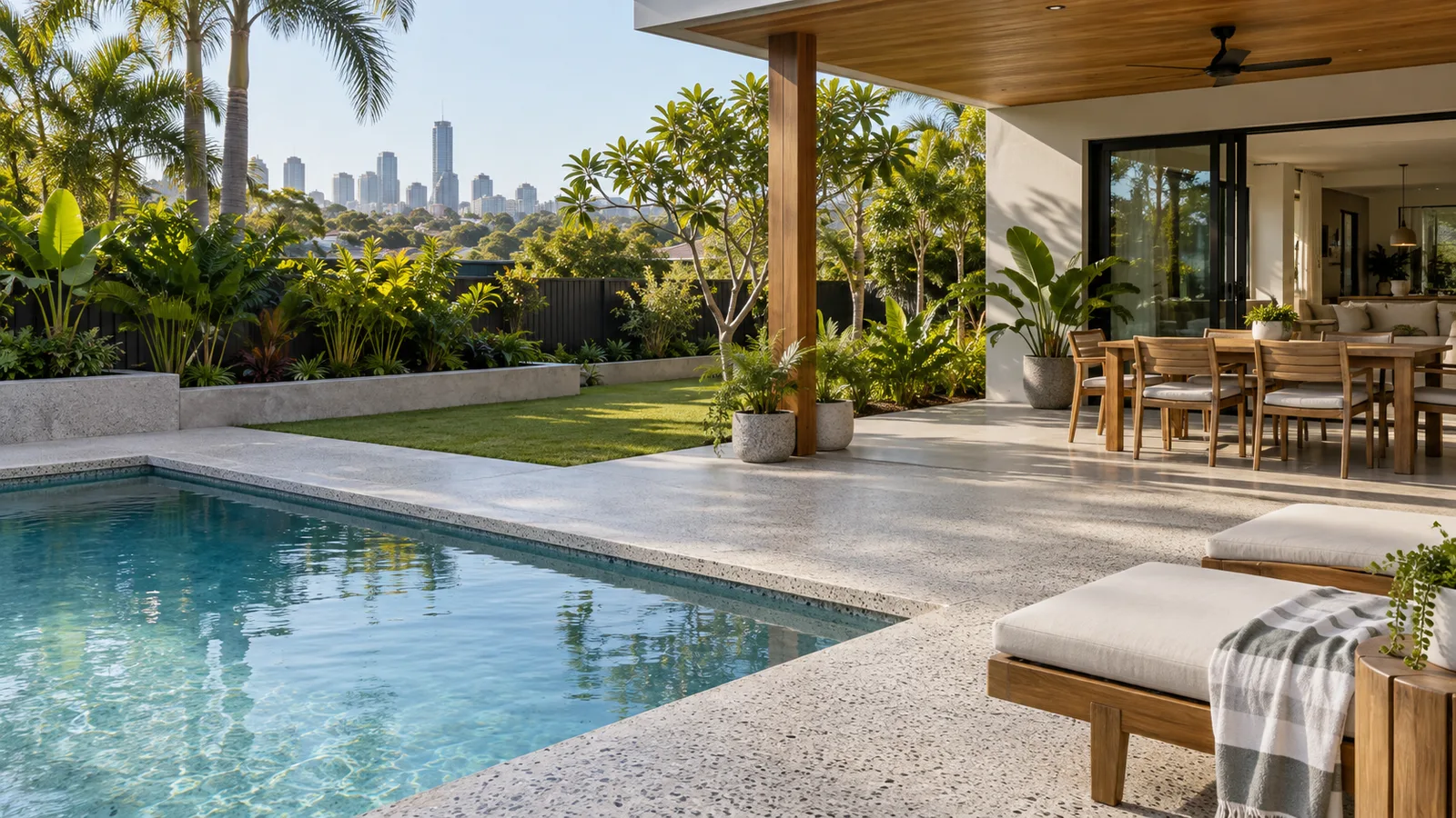 Brisbane-inspired honed concrete beside subtropical planting